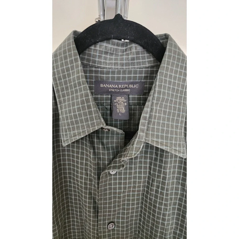 Banana Republic Stretch Classic Shirt Mens Large Olive Green Blue Grid Check L/S